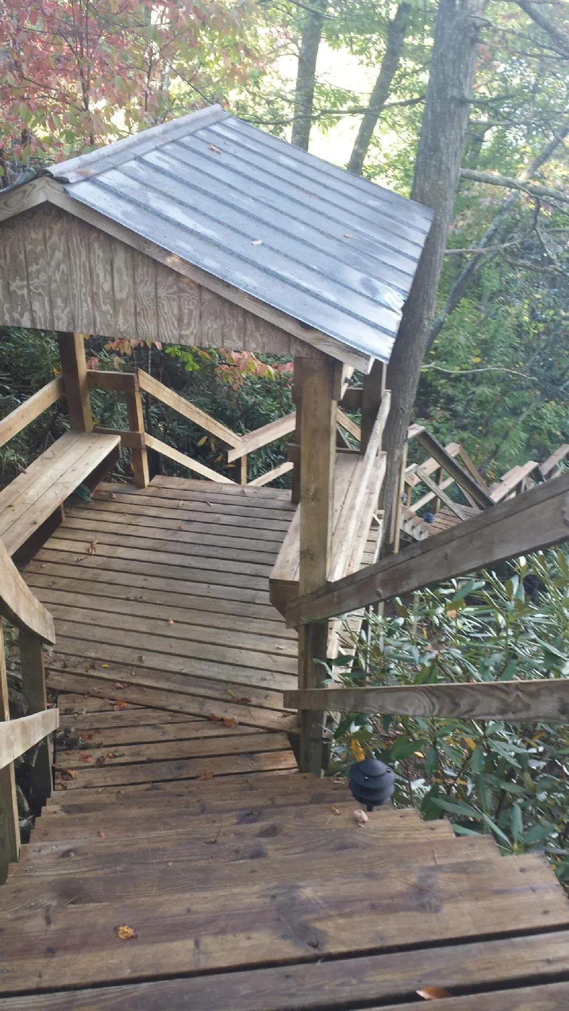 Metal roofed shelter over wooden steps on a wooded walkway — Skylight Repair & Installation work by our crew in Grenada
